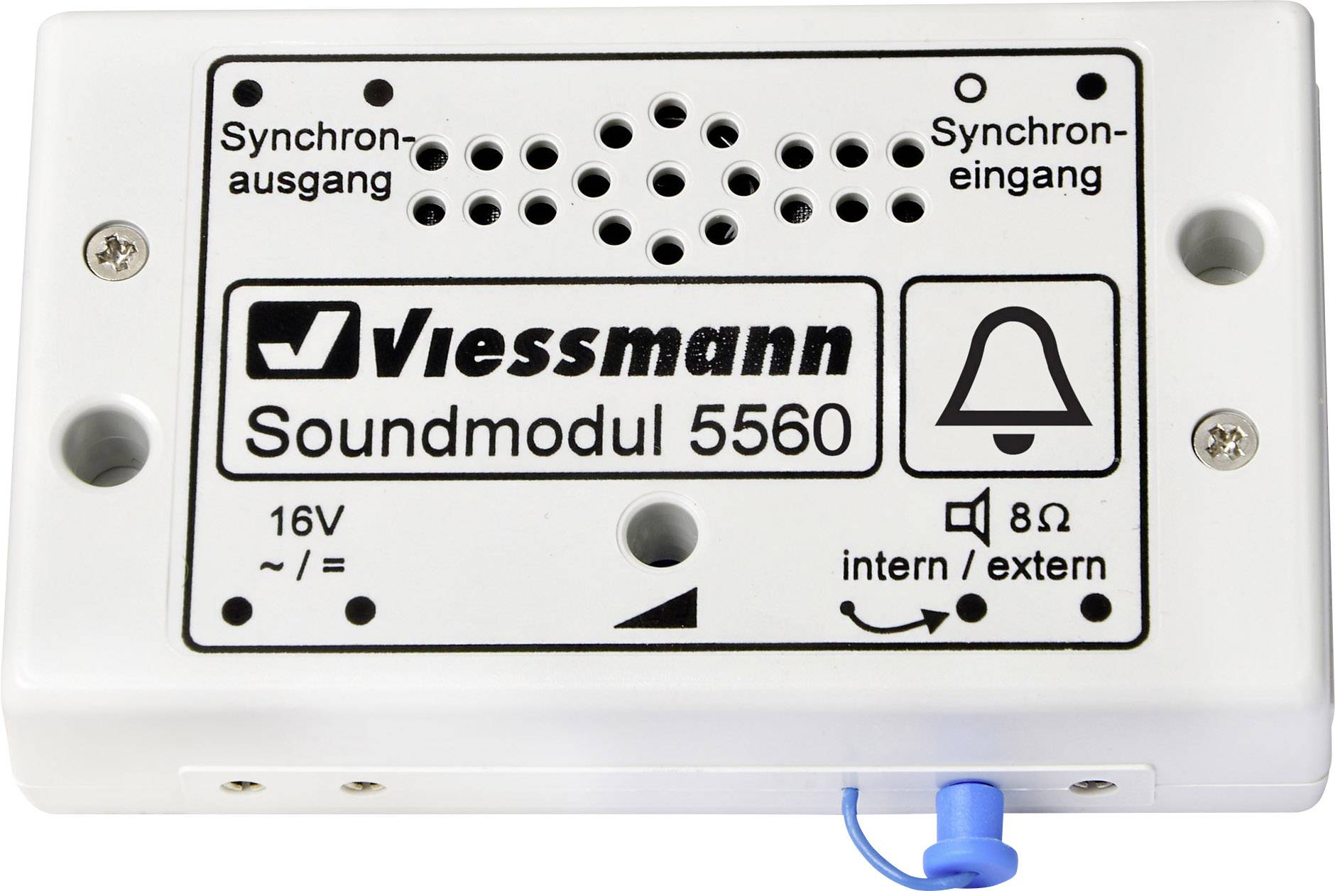 Viessmann Soundmodul 5560, biele púzdro s reproduktorovou mriežkou, označenie pre synchronizačný výstup a vstup, prevádzka 16V.