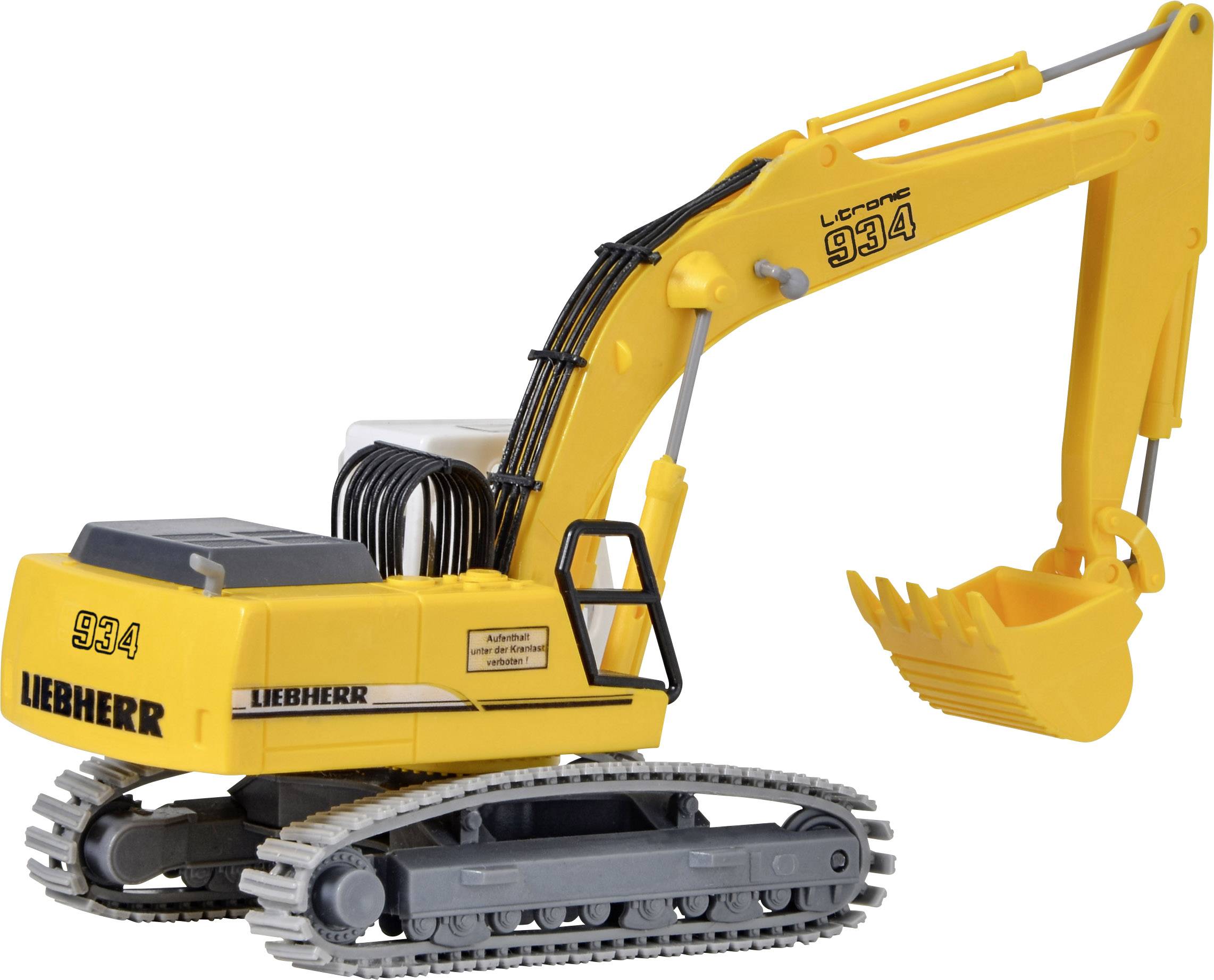 Detský model bagra 'Liebherr 934' v žlto-sivej farbe s pohyblivým ramenom lyžice, vhodný pre deti na hranie v piesku.