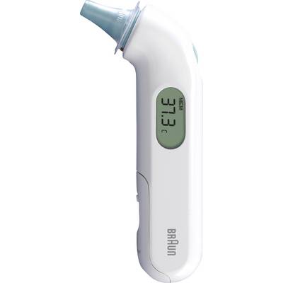 Ušný teplomer zobrazuje teplotu 37,3 °C na digitálnom displeji. Má bielu a modrozelenú farebnú kombinácii.