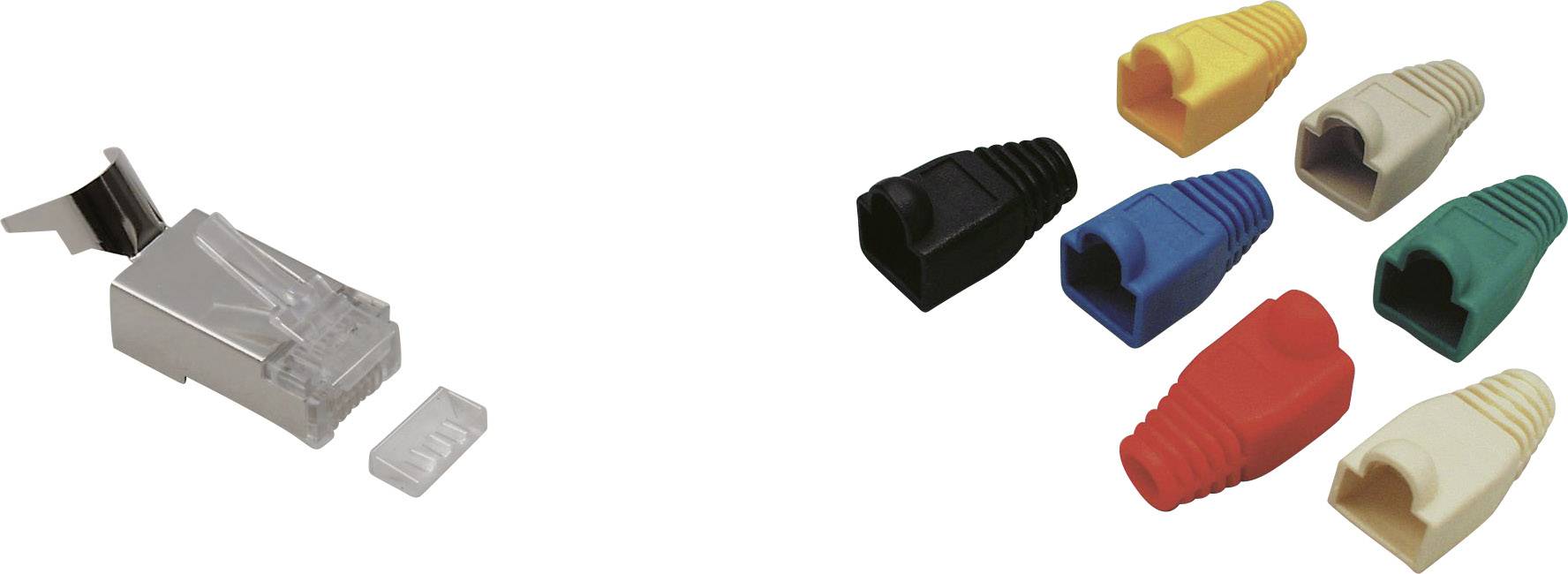 Kovový kryt konektora RJ45 vľavo, šesť farebných plastových krytiek vpravo. Slúžia na ochranu a pripojenie sieťových káblov.