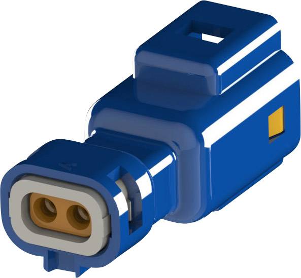 Modrý elektrický konektor s dvomi kolíkmi v obdĺžnikovom tvare. Kryt má lesklý povrch a žltý akcent.