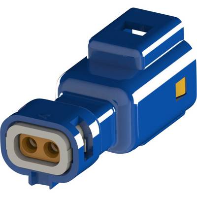 Modrý elektrický konektor s dvomi kolíkmi v obdĺžnikovom tvare. Kryt má lesklý povrch a žltý akcent.