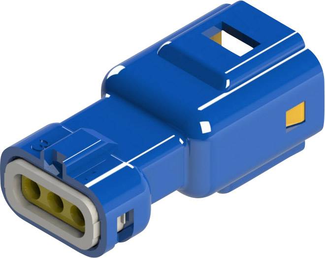 Modrý elektrický konektor obdĺžnikového tvaru s valcovitou časťou, ktorý má tri žlté kontakty, umiestnený pred bielym pozadím.