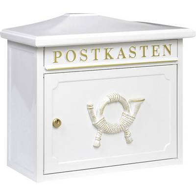 Biely poštový box s nápisom 'POSTKASTEN' zlatým písmom. Na prednej strane je reliéf poštového rohu.
