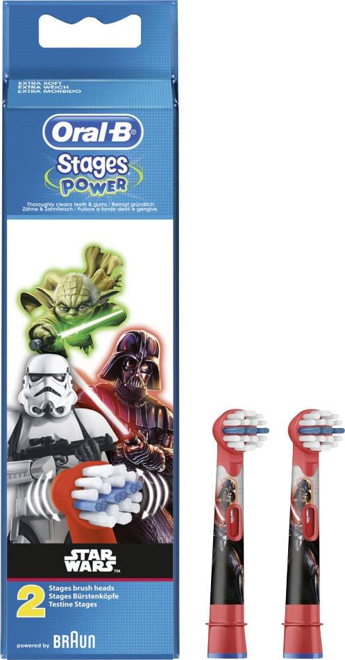 Dva červené elektrické hlavice zubných kefiek s motívmi Star Wars; balenie zobrazuje postavy ako Yoda a Darth Vader. Vhodné pre deti.