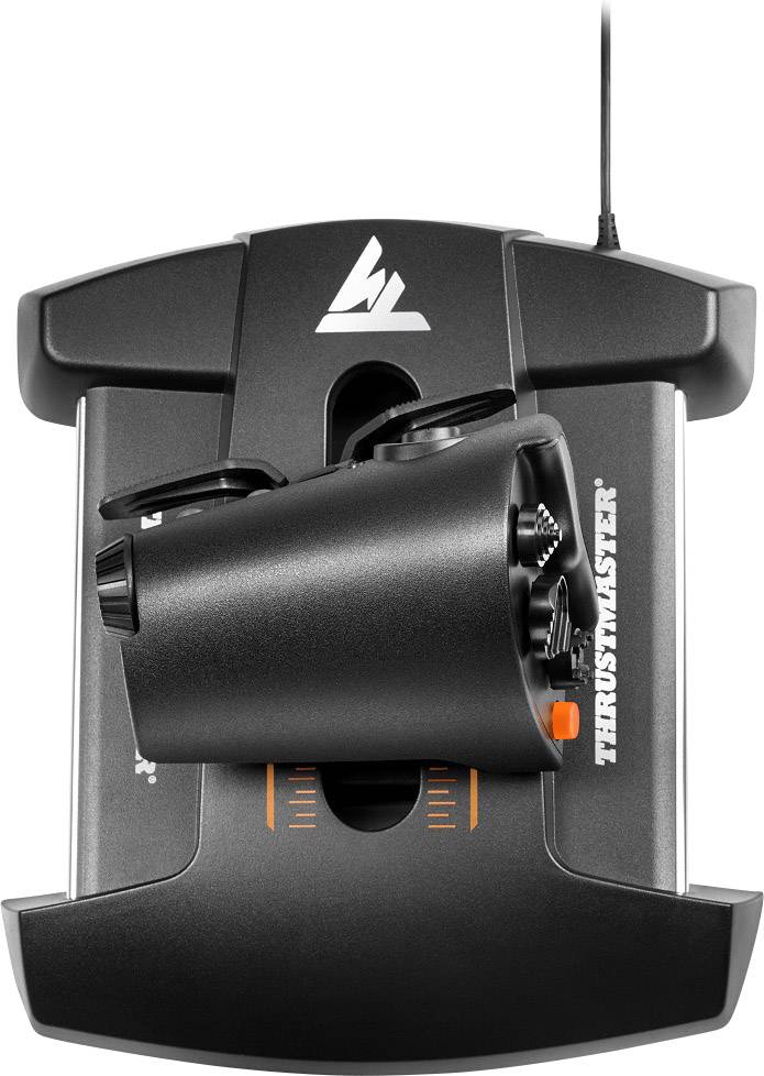 Čierne rudlové pedále Thrustmaster s káblom, určené pre letecké simulátory. Má jednoduché dizajnové prevedenie s dvomi pedálmi.