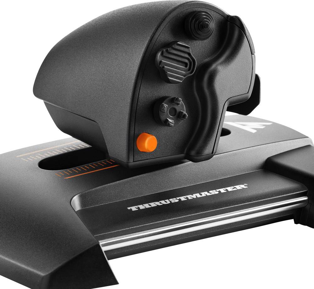 Čierny škrtiaci regulátor Thrustmaster s rôznymi kontrolnými tlačidlami, vhodný pre letecké simulácie.