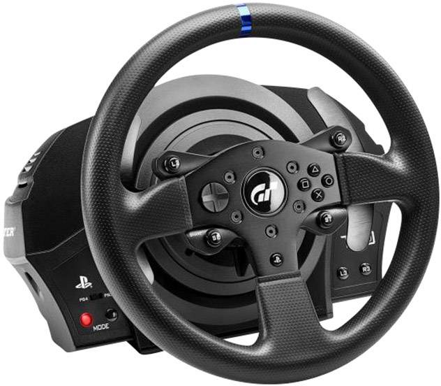 Herný volant s čiernou rukoväťou a tlačidlami, vhodný pre PlayStation. Robustne skonštruovaný, poskytuje realistický zážitok z jazdy pre automobilové preteky.