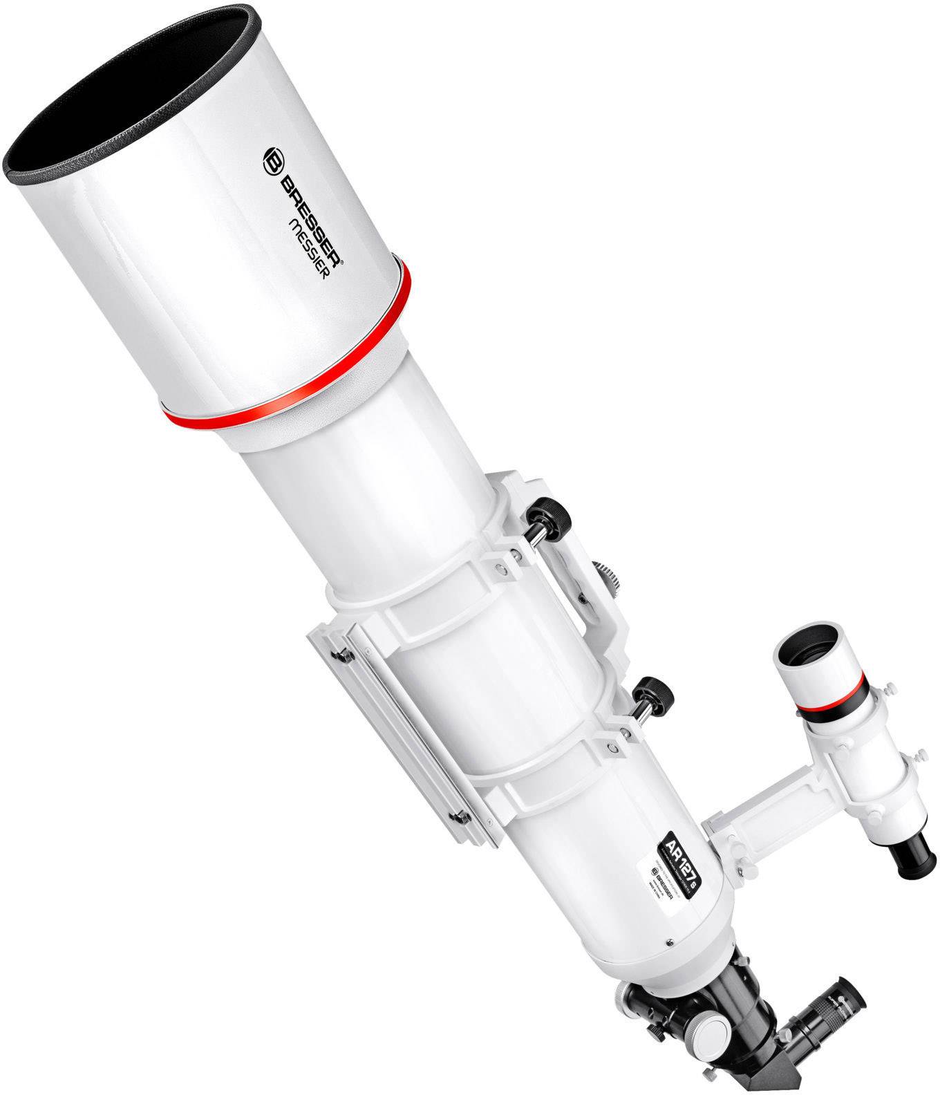 Biely astronomický teleskop s červeným akcentom a čiernym okulárom. Nachádza sa v mierne naklonej polohe.