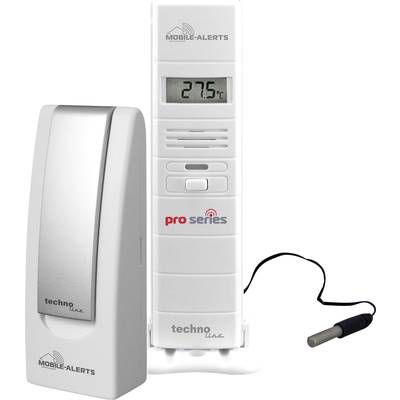 Dva biele prístroje zo série 'Mobile Alerts pro series' na meranie teploty. Jeden ukazuje 27,5°C, druhý má externý senzor.