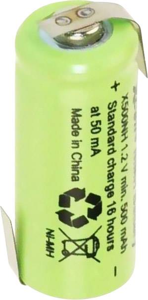 Zelená nikel-metal hydridová batéria s 1,2 V, 550 mAh. Nápis zobrazuje špecifikácie nabíjania, krajinu výroby Čína a symbol recyklácie.