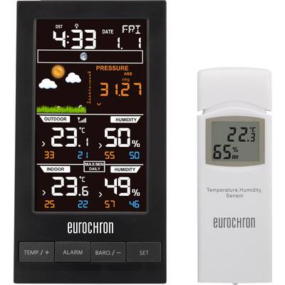 Digitálna meteorologická stanica s vonkajším senzorom zobrazuje čas, dátum, vonkajšiu teplotu, vlhkosť vzduchu a atmosférický tlak.