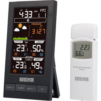 Elektronická meteorologická stanica s farebným displejom zobrazuje čas, dátum, vnútornú teplotu 23,6°C, vlhkosť vzduchu 50%, vonkajší senzor pri 22,2°C, 66% vlhkosti vzduchu, ako aj atmosférický tlak 3127 hPa.