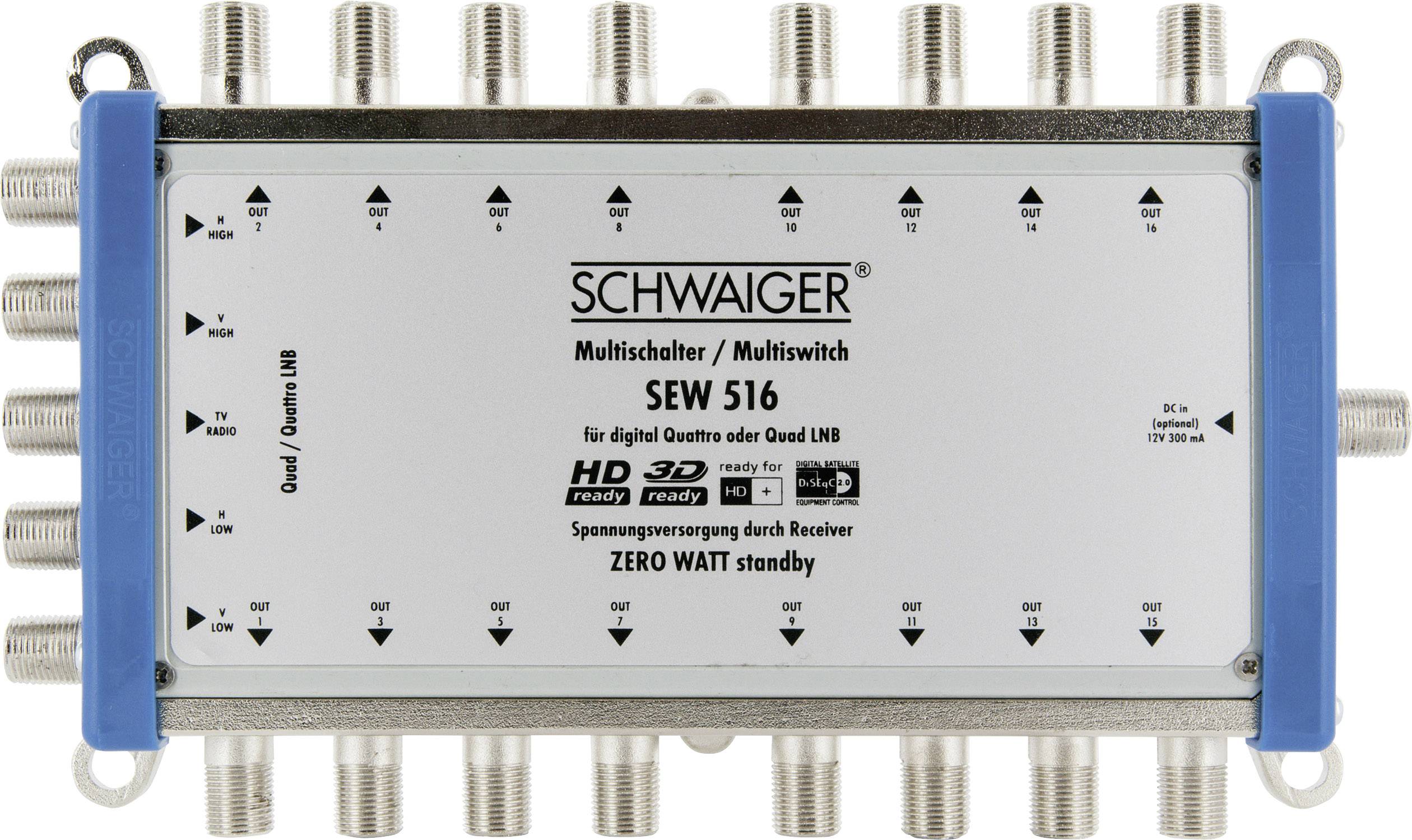 Multispínač SEW 516 od spoločnosti Schwaiger s 16 prípojkami pre digitálne Quattro alebo Quad LNB, podporuje HD a 3D, spotreba v pohotovostnom režime 0 W.