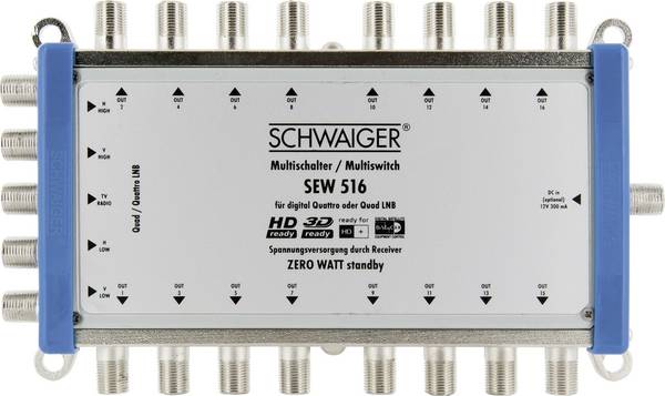 Schwaiger SEW516 531 rozdeľovač satelitného signálu Vstupy (viacnásobný spínač): 5 (4 SAT / 1 terestrický) Počet účastníkov: 16 Standby, Quad-LNB