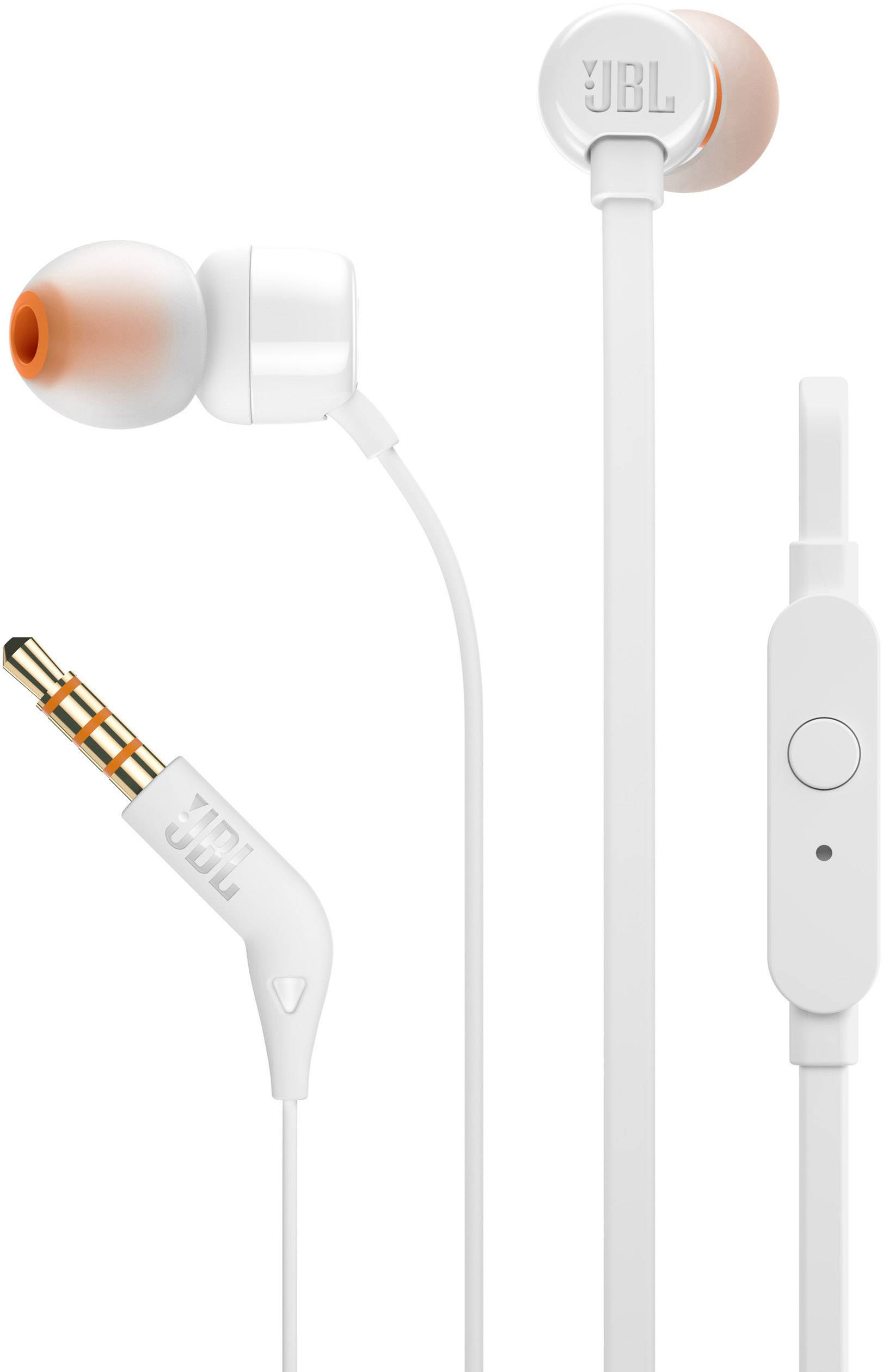 Biele in-ear slúchadlá s oranžovými náušníkmi a integrovaným mikrofónom. Ploský kábel s ohnutým 3,5 mm konektorom.