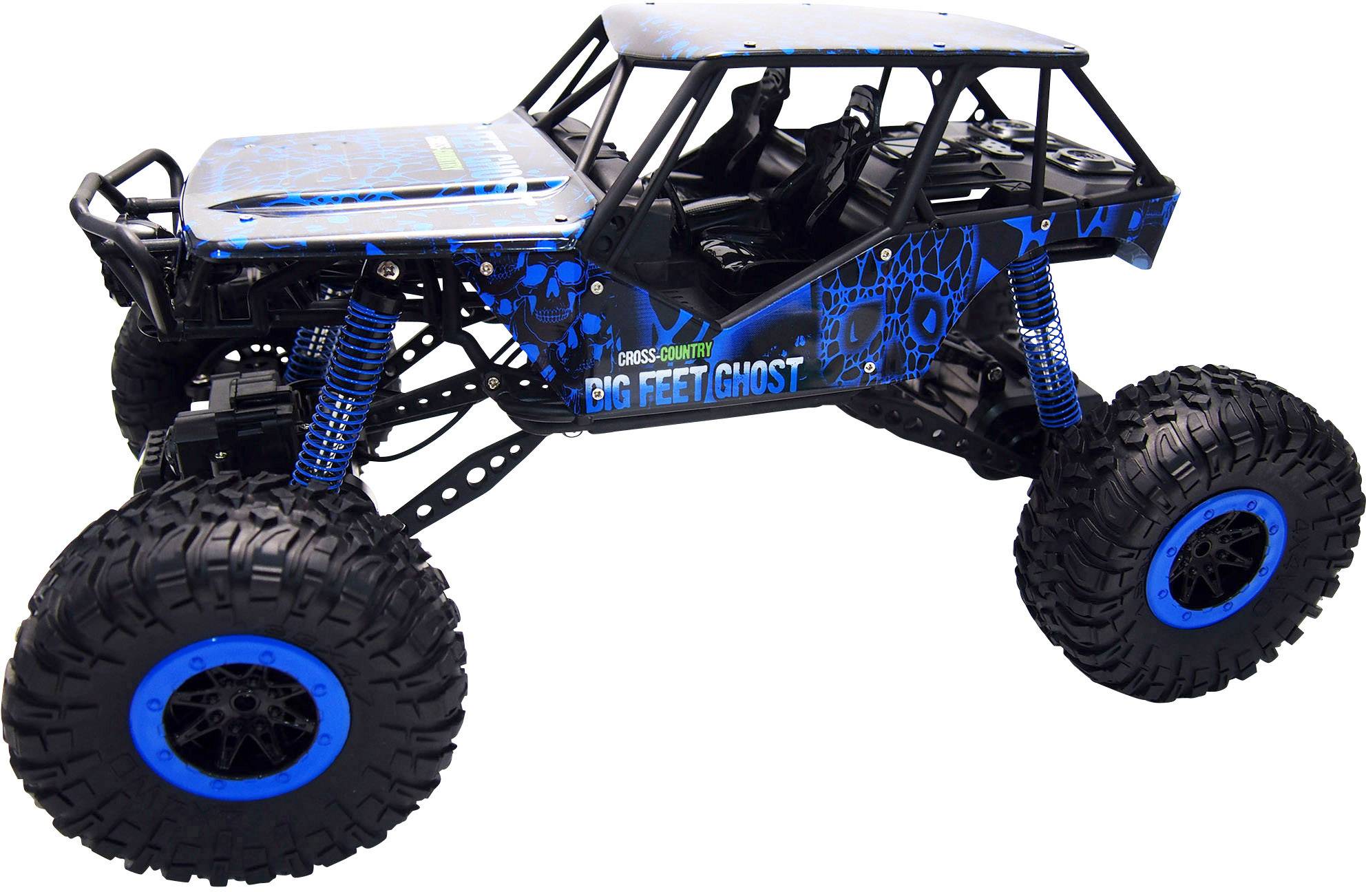 Hračkársky model terénneho automobilu v modrej a čiernej farbe s veľkými, hrubými pneumatikami, vhodný do náročného terénu.