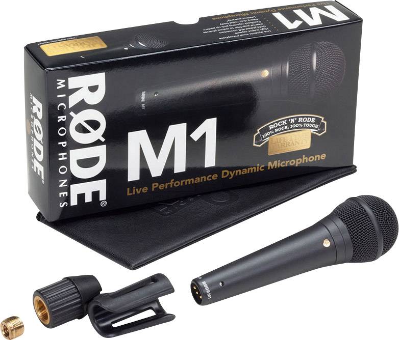 Súprava RØDE M1 pozostávajúca z dynamického mikrofónu pre živé vystúpenia, obalu, mikrofonnej svorky a adaptéra.