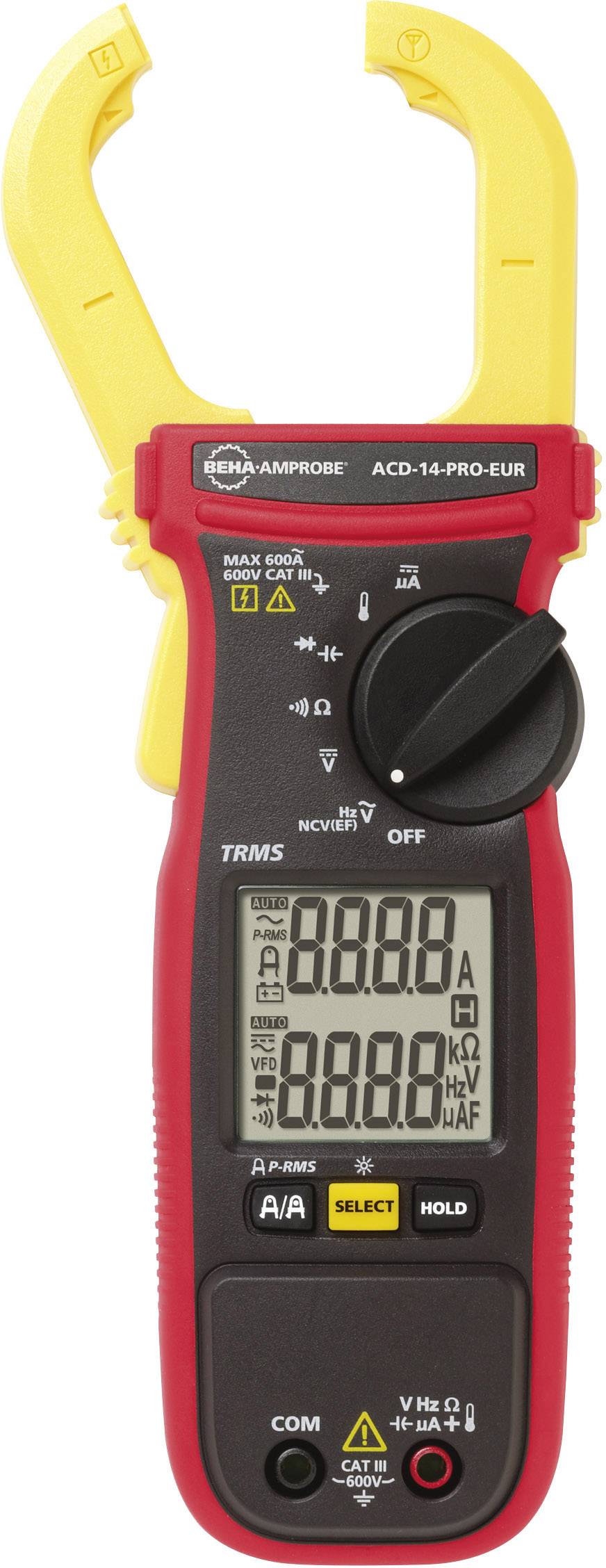 Digitálny kliešťový multimeter so žltými kliešťami a červeným krytom zobrazuje hodnoty na displeji. Meria prúd, napätie a odpor.