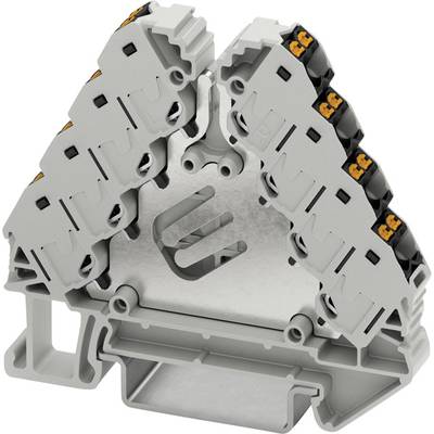 Sivý, trojuholníkový kabelový konektor s viacerými pripojovacími bodmi. Dizajn pôsobí geometricky a technicky.