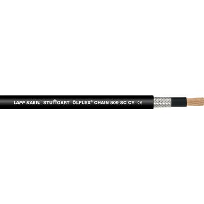 Detailný záber čierneho elektrického kábla s nápisom 'LAPP KABEL STUTTGART ÖLFLEX CHAIN 809 SC-CY CE', čiastočne viditeľné priehľadné opletenie.