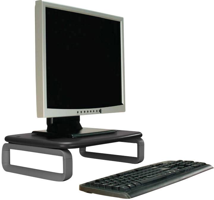 Počítačový monitor na stojan s klávesnicou umiestenou pred ním.