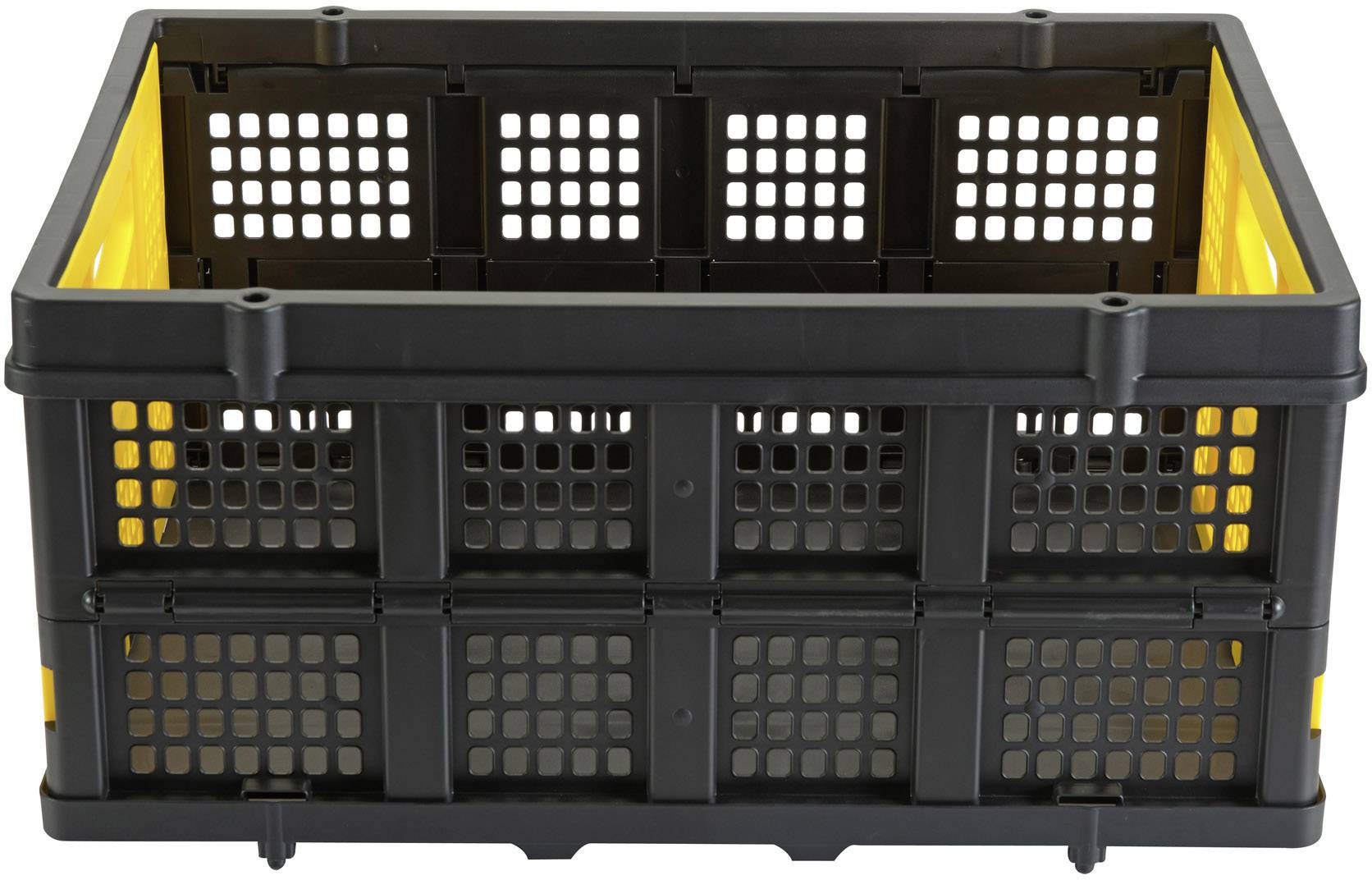 Čierna plastová prepravná debna so žltými bočnými stranami, ideálna na prepravu predmetov. Má mriežkový dizajn.