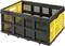Plastový box v žltej a čiernej farbe s bočnými úchytmi a vetracími otvormi, stohovateľný, vhodný na uskladnenie alebo prepravu.