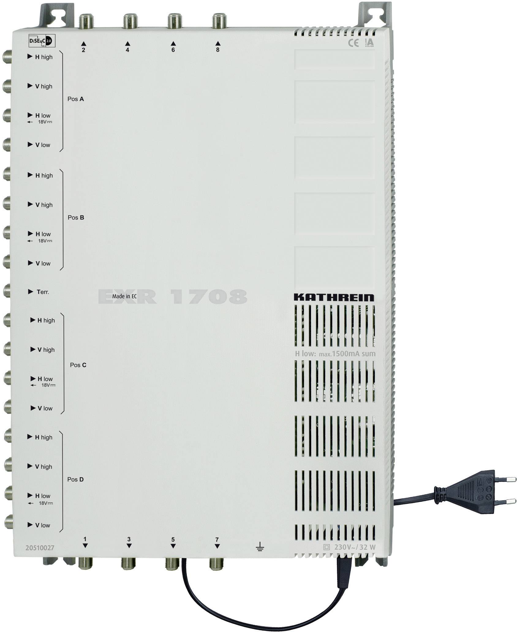 Multispínač s 16 vstupmi a napájaním od Kathrein, model ER 1708, vhodný pre satelitné systémy.