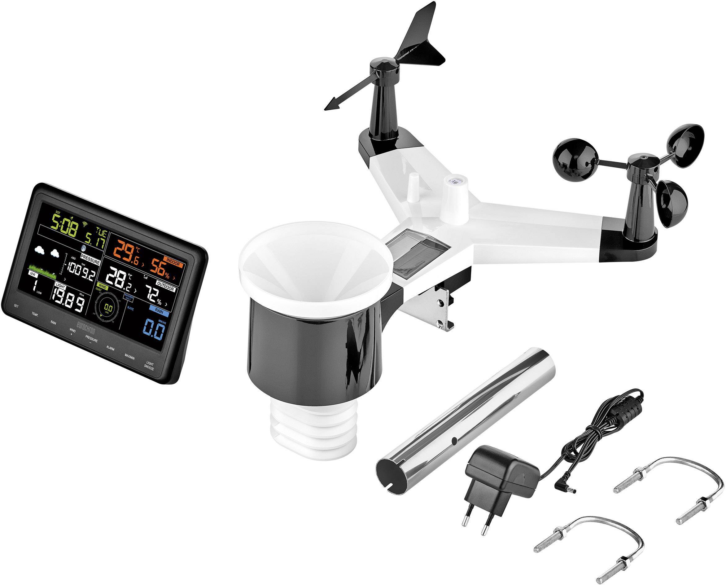 Meteorologická stanica so zobrazovačom, senzormi a príslušenstvom. Displej zobrazuje aktuálne meteorologické údaje ako teplotu a atmosférický tlak.