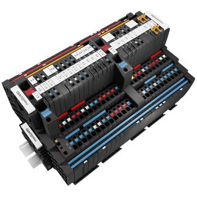 Modulárny automatizačný systém v čiernej farbe s označenými prípojkami a farebne kódovanými modulmi pre priemyselné aplikácie.