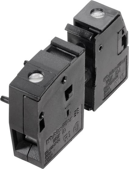 Dva čierne mikrospínače vedľa seba s viditelnými ovládacími prvkami a montážnymi otvormi, vhodné pre mechanické aplikácie.