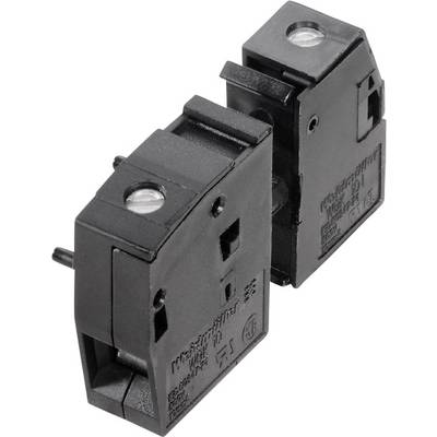 Dva čierne mikrospínače vedľa seba s viditelnými ovládacími prvkami a montážnymi otvormi, vhodné pre mechanické aplikácie.