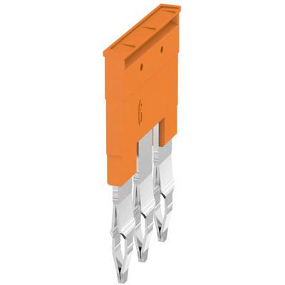 Oranžová mechanická súčiastka so štyrmi striebornými kontaktnými kolíkmi smerujúcimi nadol.