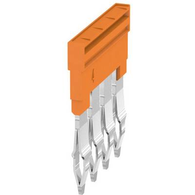Oranžový, obdĺžnikový elektrický konektor s piatimi striebornými kolíkmi. Slúži na prepojenie elektronických komponentov.