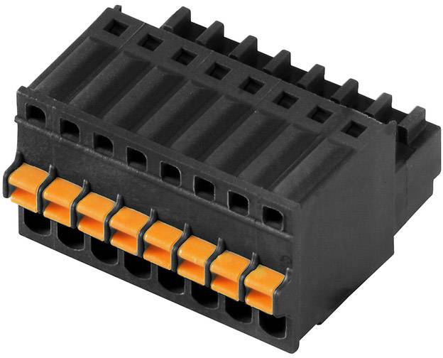 Čierny plastový konektor s desiatimi oranžovými pákami, vhodný na prepojenie elektrických vodičov.