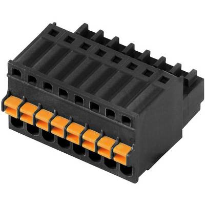 Čierny svorkovnicový konektor s oranžovými klipsňami, vhodný pre elektronické zariadenia.