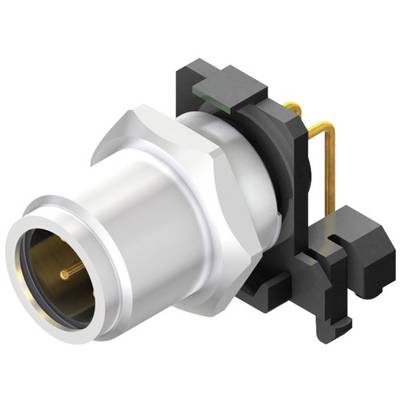 Priemyselný vysokofrekvenčný konektor s bielym kovovým krytom a čiernymi plastovými prvkami, určený na prepojenie elektronických zariadení.