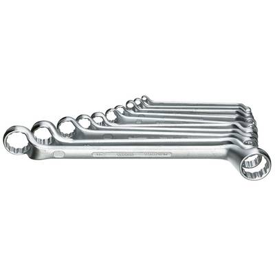 'Sedem krúžkových kľúčov s postupne sa zvyšujúcou veľkosťou, usporiadaných stupňovito, vyrobených z kovu. Každý nástroj má nápis "VANADIUM".'