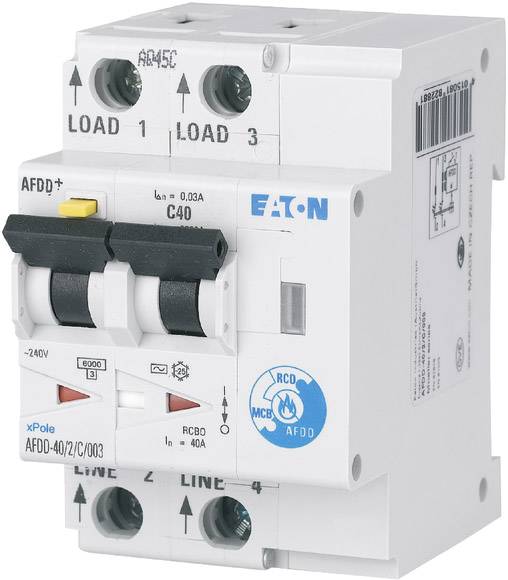 'FI-Ochranný istič pre elektrickú bezpečnosť, značka Eaton, model AFDD+ C40. Chráni pred preťažením, skratom a poruchovým zemným prúdom.'