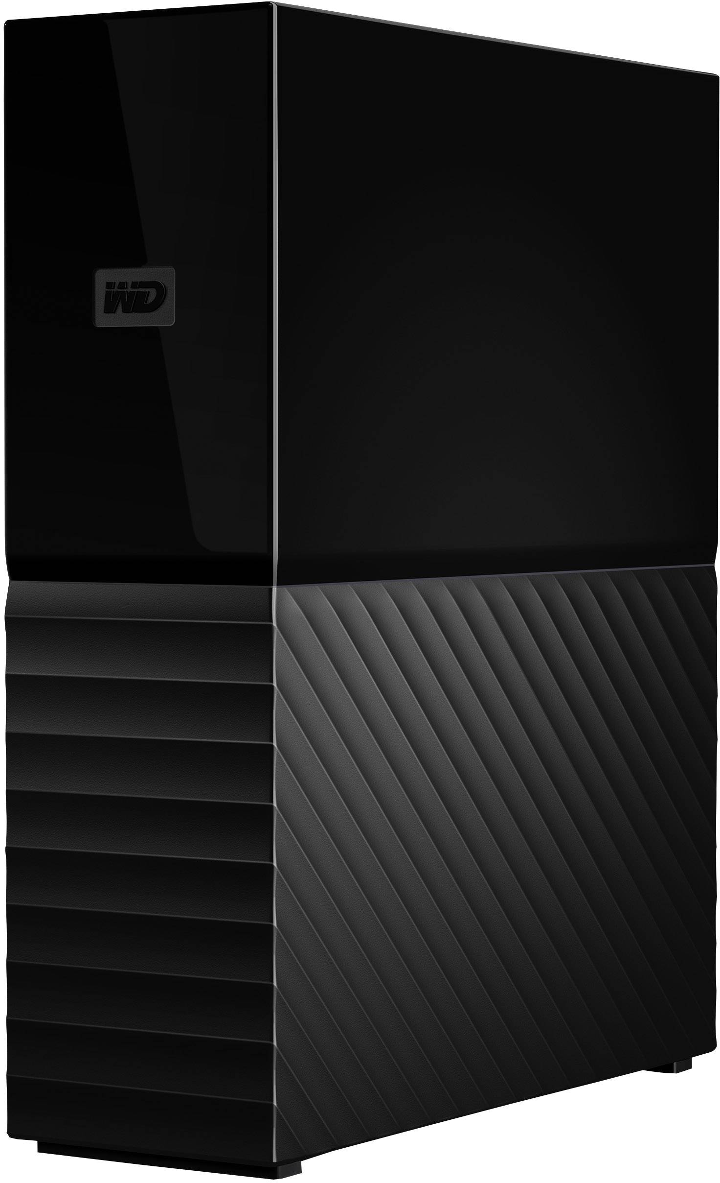 Externý pevný disk v čiernom dizajne s vrúbkovanou textúrou dole, lesklý povrch hore. Vhodný pre ukladanie dát.
