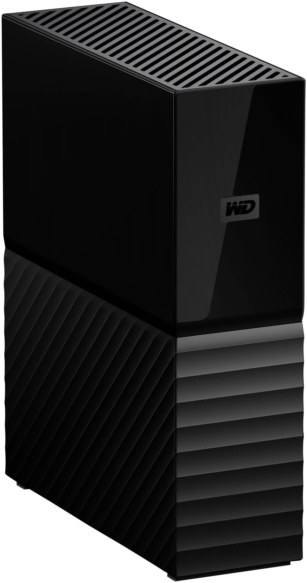 Externý čierny externý disk, postavený vertikálne, s hladkým a vrúbkovaným povrchom.