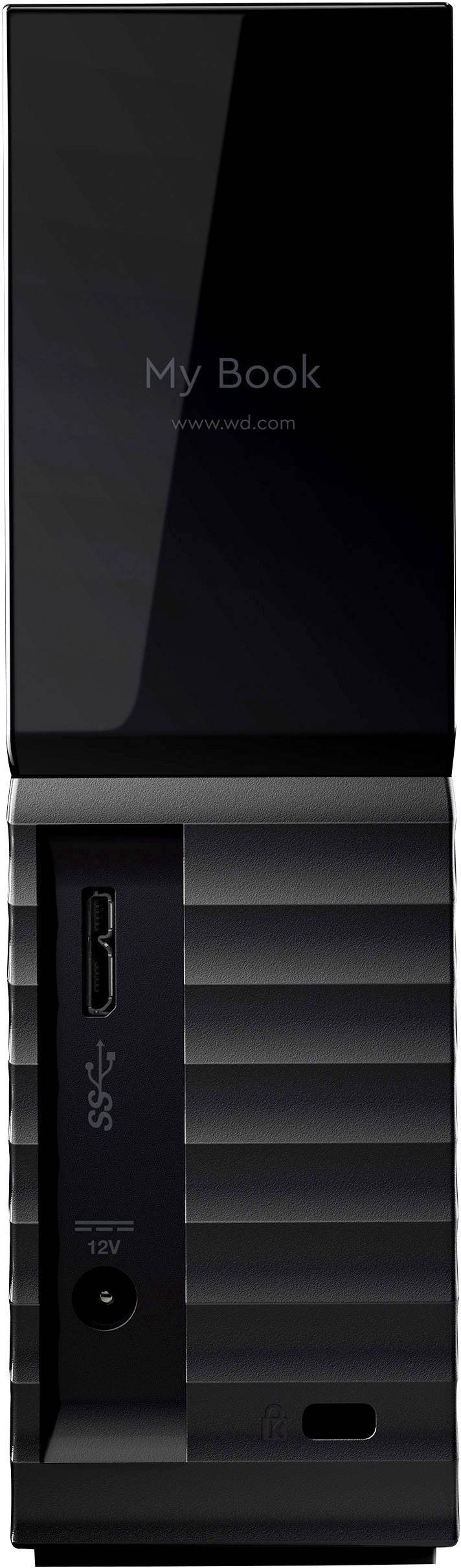 Externý pevný disk s vertikálnym dizajnom, pohľad spredu zobrazuje logo 'My Book'. Obsahuje USB a napájací konektor na tmavom povrchu.