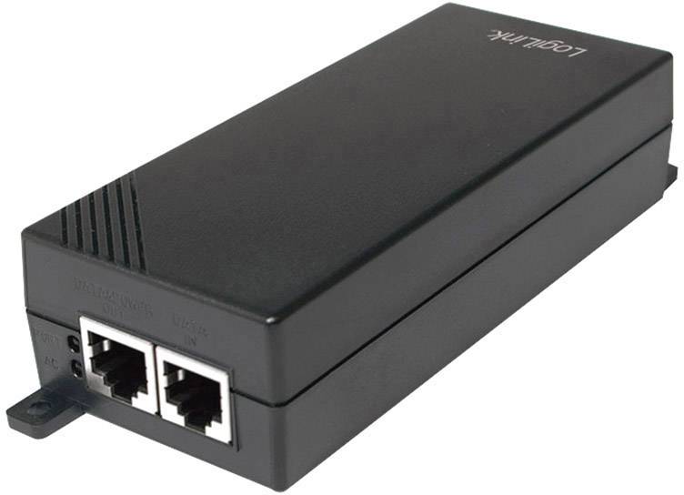 Čierny PoE adaptér s dvoma ethernetovými portami, používaný na napájanie sieťových zariadení prostredníctvom ethernetového kábla.