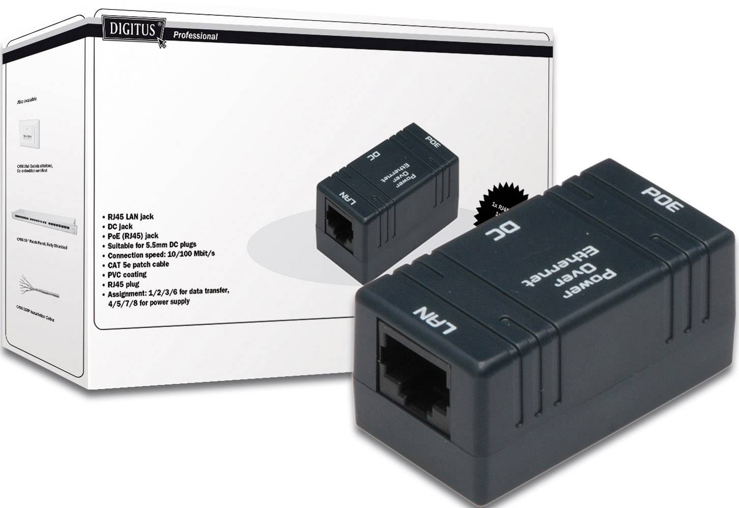 Na obrázku je znázornený "PoE-injektor", ktorý umožňuje súčasnú dátovú a napäťovú transmisiu cez ethernetový kábel. Balenie je v pozadí.