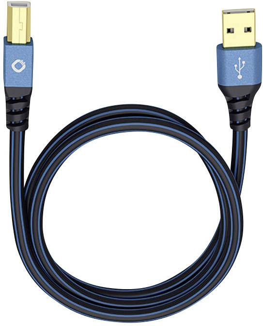 Modrý USB kábel s USB-A konektorom a štvorcovým konektorom, vhodný pre tlačiarne alebo podobné zariadenia.