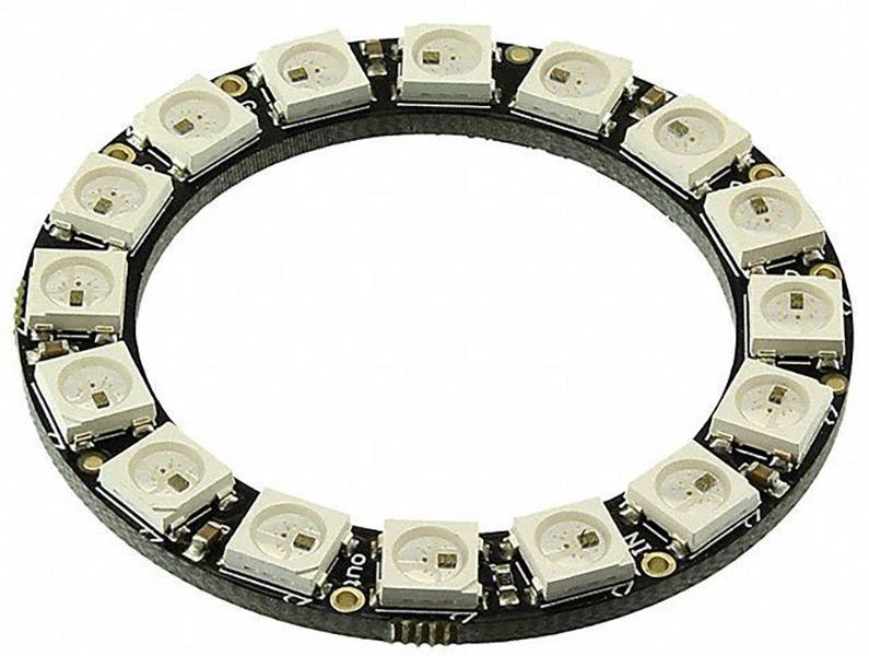 Guľatý LED kruh so 16 RGB LED diódami, každá umiestnená vo štvorcovom puzdre. Vhodný pre osvetľovacie projekty.