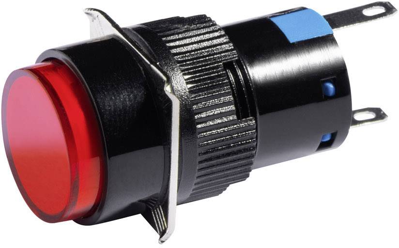 Červený núdzový vypínač s čiernym krytom a kovovým úchytom, určený na inštaláciu do elektrických zariadení.