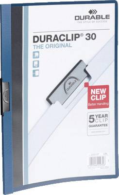 Modro-biely dokumentový obal s nápisom 'DURACLIP 30'. Zvýraznenie: 'Nový klip'. Uvedená 5-ročná záruka.