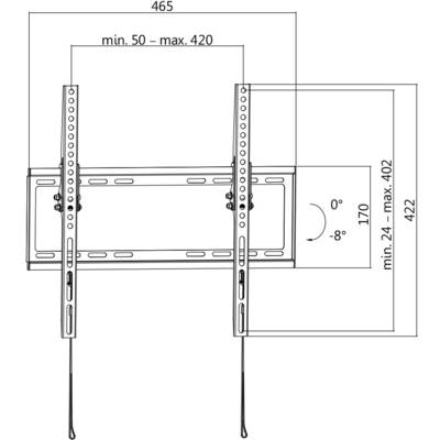 Náčrt držiaka na stenu pre televízor, rozmery: šírka 465 mm, minimálna vzdialenosť od steny 50-420 mm, sklon 0° až -8°.